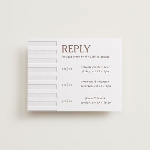 This is a burnt sienna rsvp cards with letterpress by Kelly Watkins called stripes printing on white cotton in standard