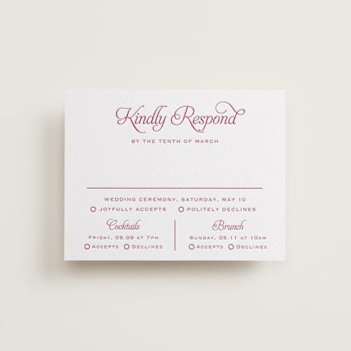 This is a maraschino rsvp cards with letterpress by Carolyn MacLaren called modernne printing on white cotton in standard