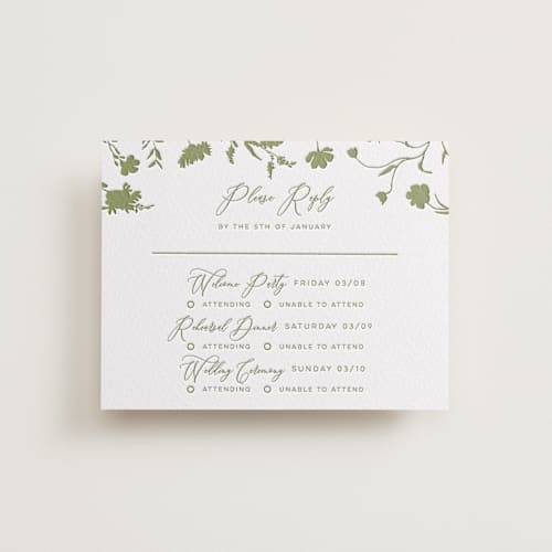 This is a olive rsvp cards with letterpress by Erin Hodges called untied printing on white cotton in standard