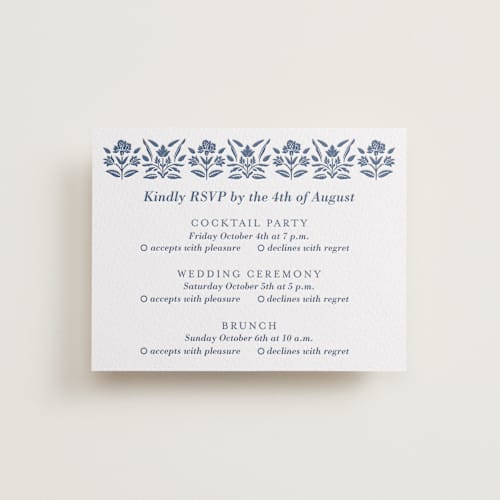 This is a blueberry rsvp cards with letterpress by Oma N. Ramkhelawan called pressed motif printing on white cotton in standard