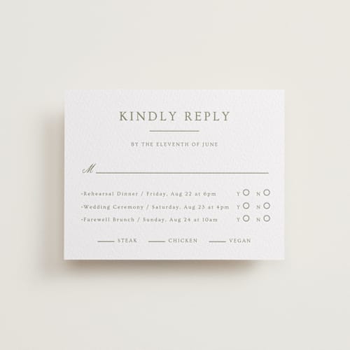 This is a artichoke rsvp cards with letterpress by Ana Sharpe called summit meadows printing on white cotton in standard