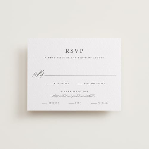 This is a soft black rsvp cards with letterpress by Olivia Raufman called classic composition printing on white cotton in standard