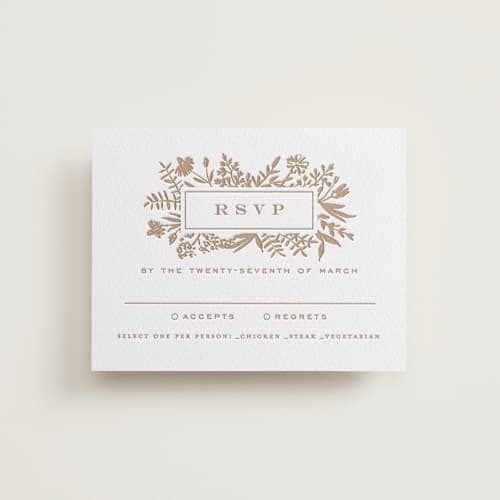 This is a cinnamon rsvp cards with letterpress by Amy Kross called morning fields printing on white cotton in standard