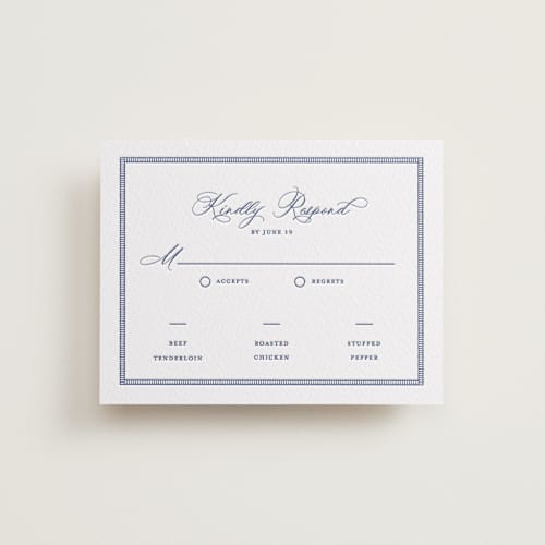 This is a lapis rsvp cards with letterpress by Pixel and Hank called starboard printing on white cotton in standard