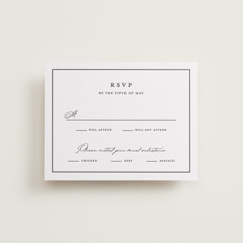 This is a soft black rsvp cards with letterpress by Stacey Meacham called heritage printing on white cotton in standard