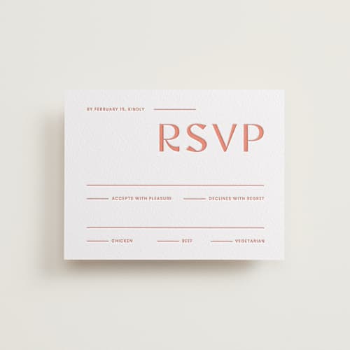 This is a grapefruit rsvp cards with letterpress by Blustery August called boldly printing on white cotton in standard