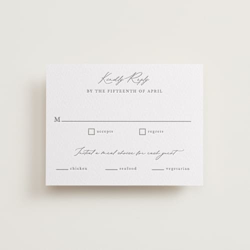 This is a graphite rsvp cards with letterpress by Sarah Brown called mountainview printing on white cotton in standard