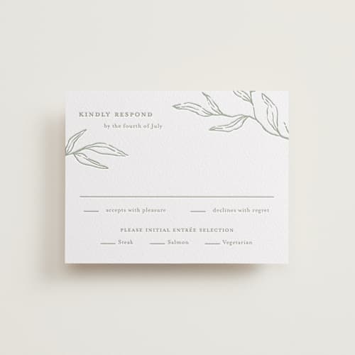 This is a olive rsvp cards with letterpress by Oscar and Emma - Karly Depew called amidst nature printing on white cotton in standard