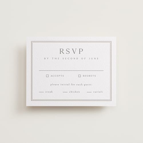 This is a graphite | dove grey rsvp cards with letterpress by Nicole Walsh called formal serif printing on white cotton in standard