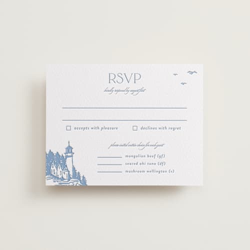 This is a pacific blue rsvp cards with letterpress by Tennie and Co. called the cliff printing on white cotton in standard