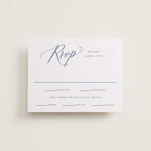 This is a lapis | smoke rsvp cards with letterpress by Hooray Creative called statement names printing on white cotton in standard