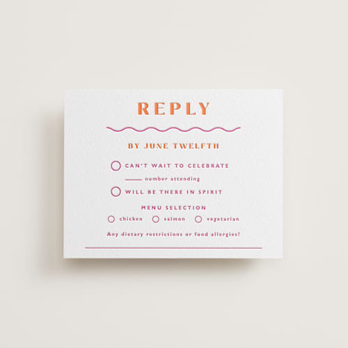 This is a flamingo rsvp cards with letterpress by Olivia Raufman called tanti baci printing on white cotton in standard