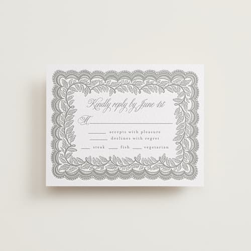 This is a smoke rsvp cards with letterpress by Katharine Watson called bridal veil printing on white cotton in standard