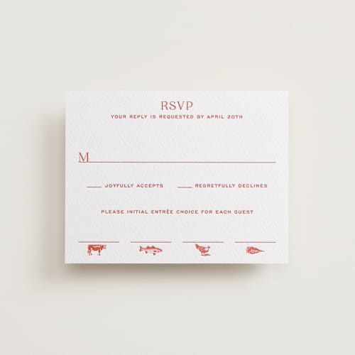 This is a verona sunset rsvp cards with letterpress by Megan Davis called racquet printing on white cotton in standard