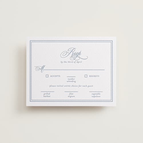 This is a pacific blue rsvp cards with letterpress by Melinda Denison called the chapel printing on white cotton in standard