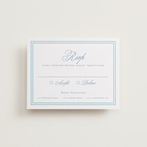 This is a marine blue rsvp cards with letterpress by chocomocacino called ricciarelli printing on luxe white cotton in standard