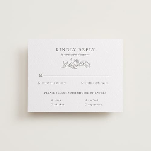 This is a graphite rsvp cards with letterpress by Deynaaz Daraei called bouvardia printing on white cotton in standard