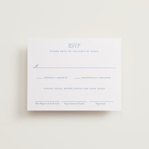 This is a vista rsvp cards with letterpress by Megan Davis called cheseapeake printing on white cotton in standard
