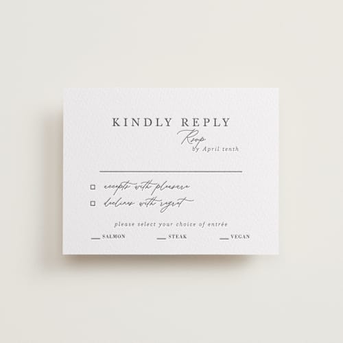 This is a soft black rsvp cards with letterpress by Tamara Hilje called modern classic printing on white cotton in standard
