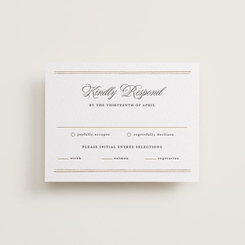 This is a saffron | soft black rsvp cards with letterpress by Kate Ahn called lake como printing on white cotton in standard