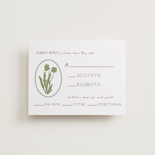 This is a burnt sienna rsvp cards with letterpress by Alaina Cherup called la graine printing on white cotton in standard