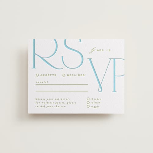 This is a robin's egg rsvp cards with letterpress by Owl and Toad called numerical printing on white cotton in standard