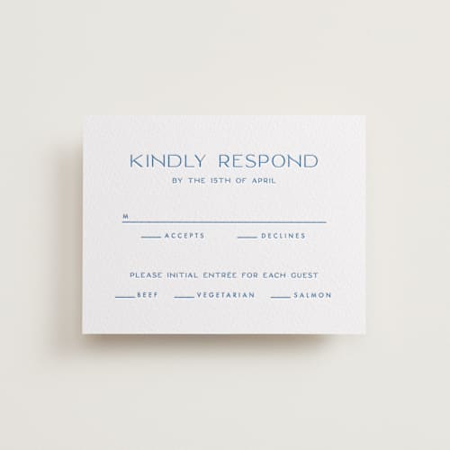 This is a marine blue rsvp cards with letterpress by Ellen Schlegelmilch called brooklyn printing on white cotton in standard