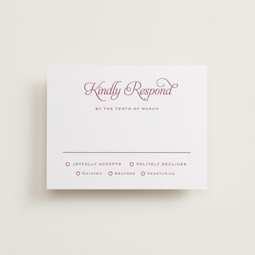 This is a maraschino rsvp cards with letterpress by Carolyn MacLaren called modernne printing on white cotton in standard