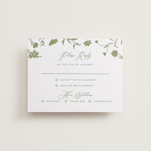 This is a olive rsvp cards with letterpress by Erin Hodges called untied printing on white cotton in standard