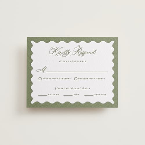 This is a artichoke rsvp cards with letterpress by Sarah Knight called ethereal gardens printing on white cotton in standard