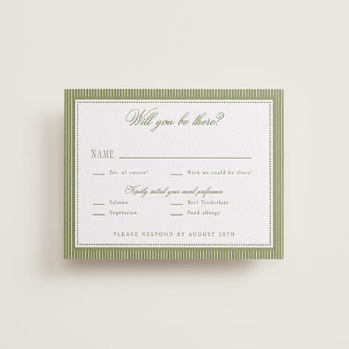 This is a olive | evergreen rsvp cards with letterpress by Robert and Stella called darcy printing on white cotton in standard