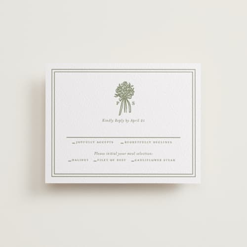 This is a artichoke rsvp cards with letterpress by Lori Wemple called wedding bouquet printing on white cotton in standard