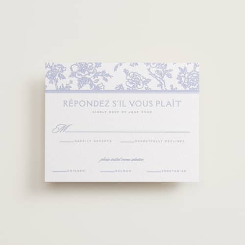 This is a vista rsvp cards with letterpress by Jenna Holcomb called classic toile printing on white cotton in standard