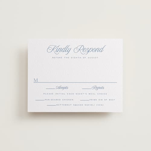 This is a pacific blue rsvp cards with letterpress by Hooray Creative called blue crest printing on white cotton in standard