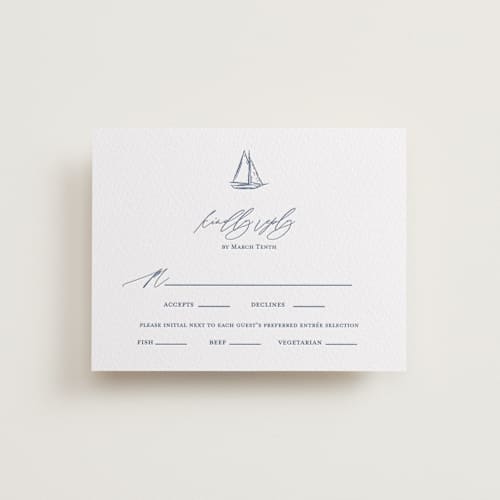 This is a lapis rsvp cards with letterpress by Jelena Vuletic called mariner printing on white cotton in standard