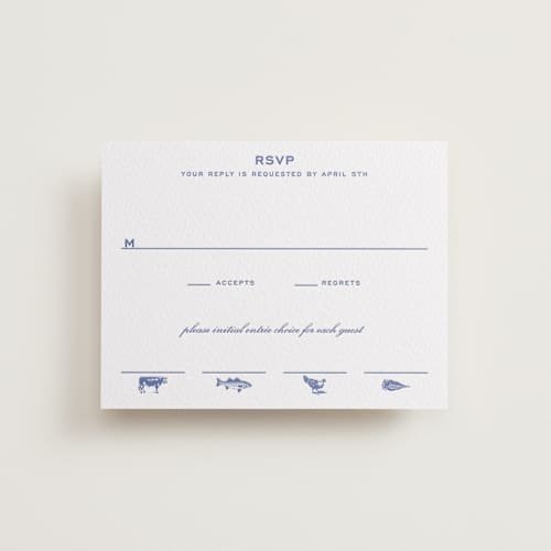 This is a mediterranean rsvp cards with letterpress by Megan Davis called brasserie printing on white cotton in standard