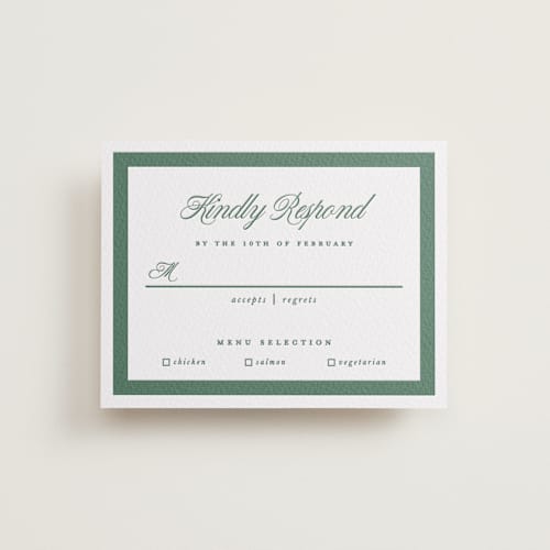 This is a racing green rsvp cards with letterpress by Kelly Watkins called archer printing on white cotton in standard