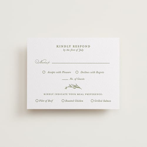 This is a olive rsvp cards with letterpress by Lucrecia Caporale called botanical crest printing on white cotton in standard
