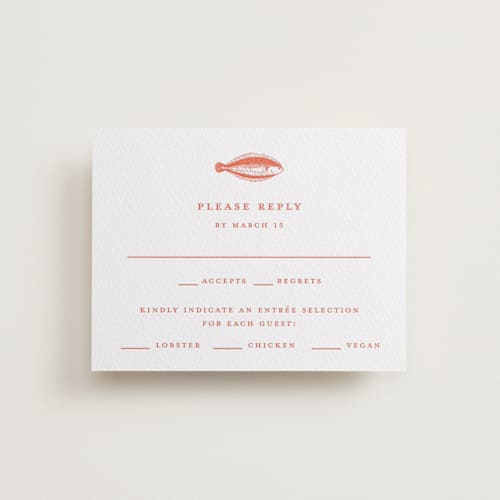 This is a poppy rsvp cards with letterpress by Pippa Shaw called lobster printing on white cotton in standard