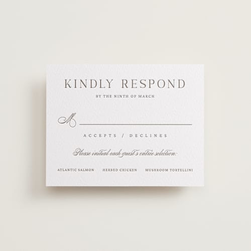 This is a cacao bean rsvp cards with letterpress by Snow and Ivy called willow printing on white cotton in standard
