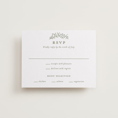 This is a artichoke rsvp cards with letterpress by Katherine Moynagh called garden script printing on white cotton in standard