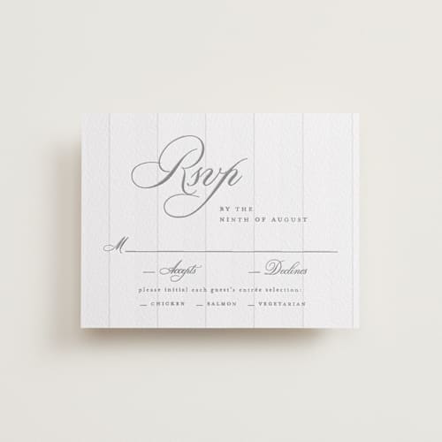 This is a smoke rsvp cards with letterpress by Creo Study called heirloom printing on luxe white cotton in standard