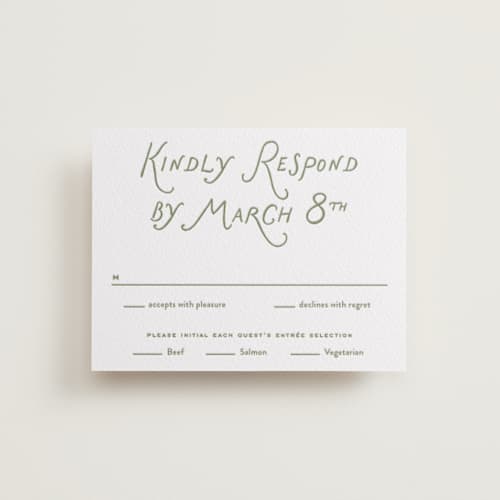 This is a artichoke rsvp cards with letterpress by Oscar and Emma - Karly Depew called marshland printing on white cotton in standard