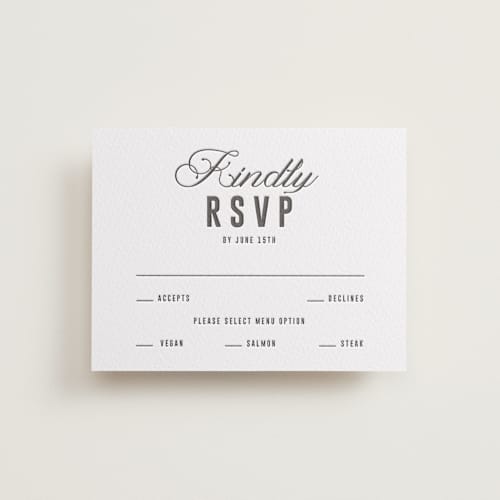 This is a soft black rsvp cards with letterpress by Sumak Studio called bold & elegant printing on white cotton in standard