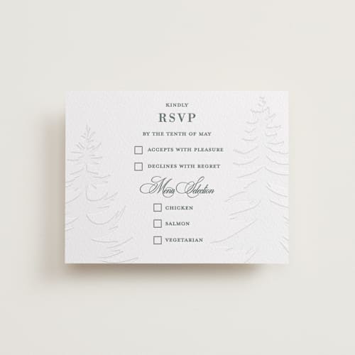 This is a slate rsvp cards with letterpress by Teju Reval called evergreen printing on white cotton in standard