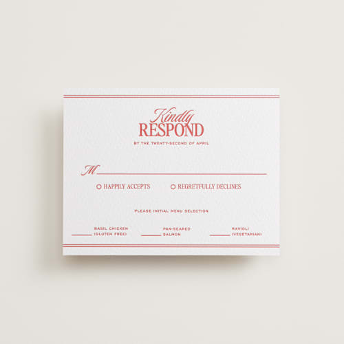 This is a ruby rsvp cards with letterpress by Jenna Holcomb called vermilion printing on white cotton in standard