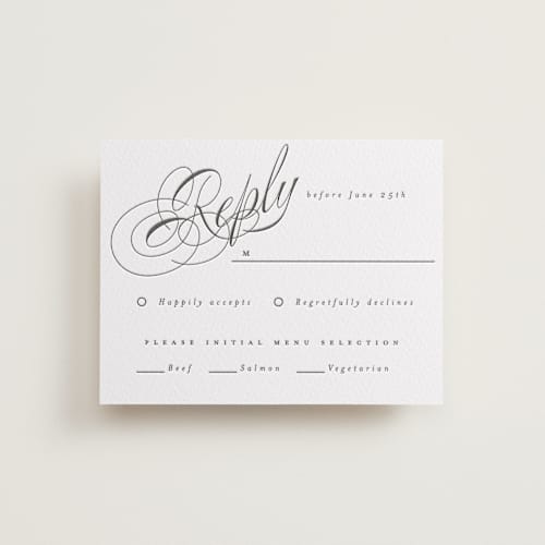 This is a soft black rsvp cards with letterpress by Hudson meet Rose called forever printing on white cotton in standard