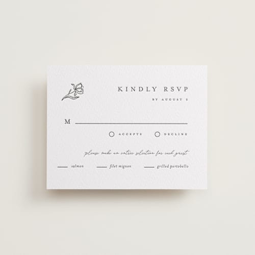 This is a soft black rsvp cards with letterpress by Pixel and Hank called floral cascade printing on white cotton in standard