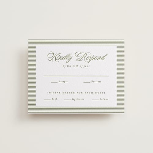 This is a olive rsvp cards with letterpress by Ellen Schlegelmilch called museo printing on white cotton in standard