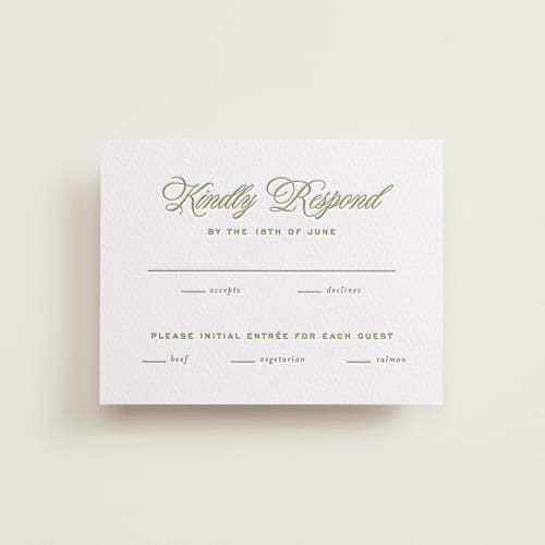 This is a olive rsvp cards with letterpress by Ellen Schlegelmilch called rory printing on white cotton in standard